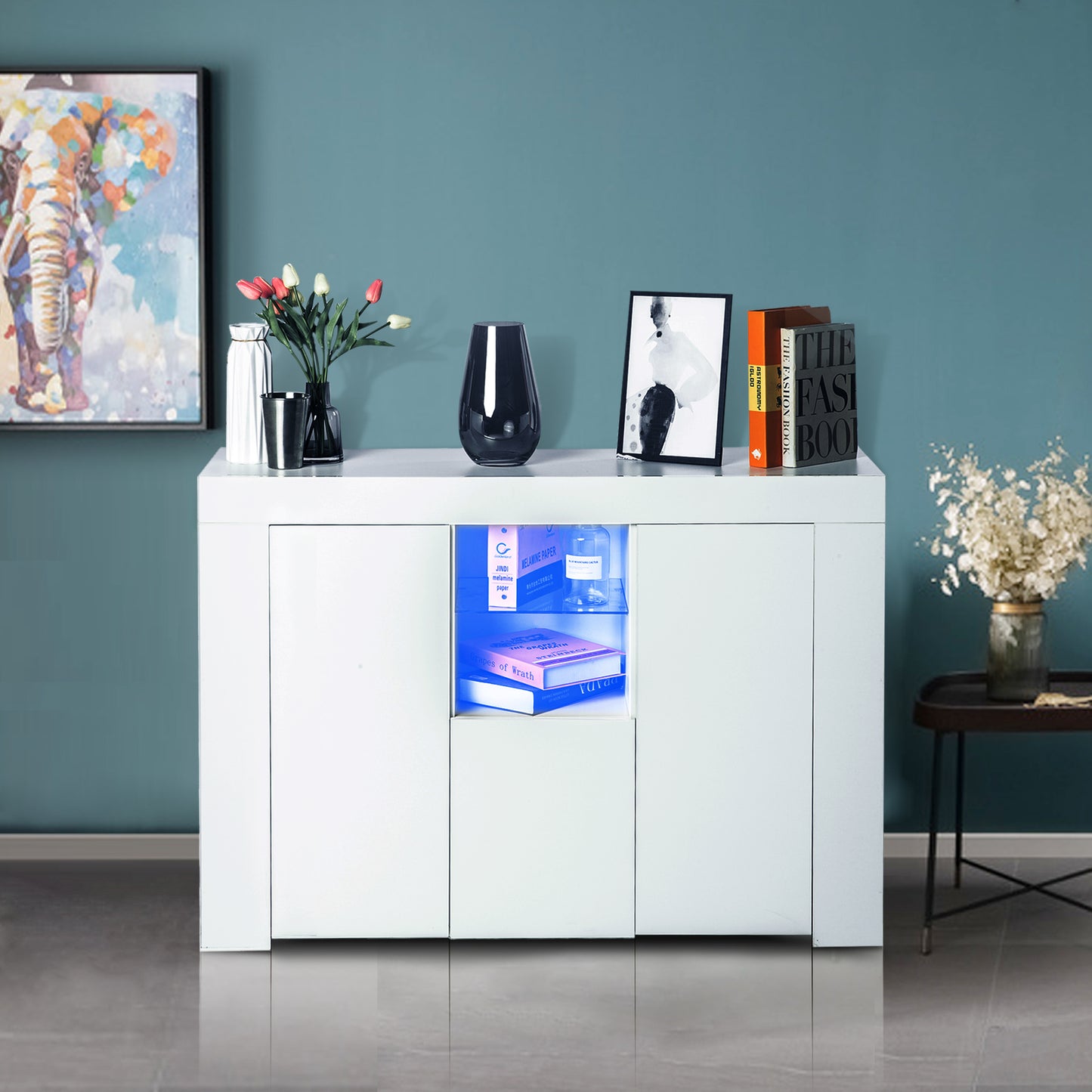 White Buffet Table, Modern Storage Cabinet, High Gloss Console Table with 16 Colors LED Lights/Drawer, Credenzas & Sideboards for Living Room/Dining Room/Kitchen/Entryway, Console Table