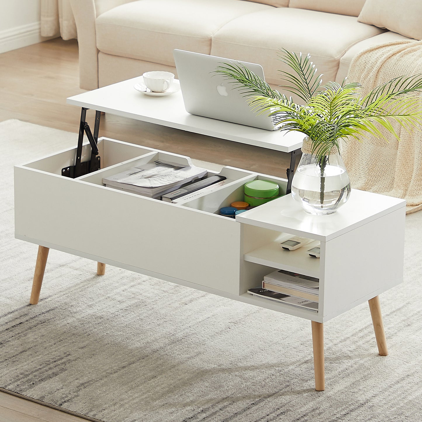 White Lift Top Coffee Tables for Living Room, Modern Coffee Table with Hidden Storage Compartment & Open Shelves, Dining Center Table Computer Desk Table for Office Reception Room