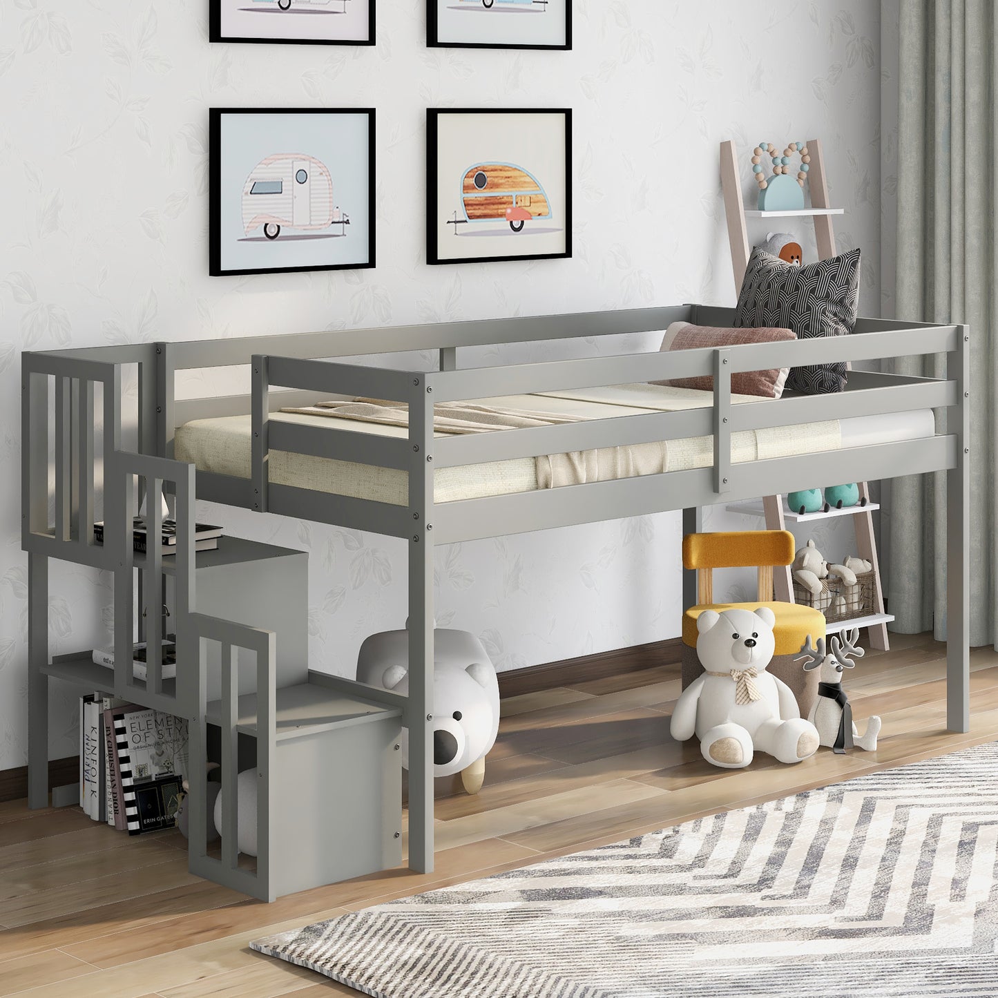 SYNGAR Twin Size Kids Loft Bed with Stairs, Wood Toddler Bunk Bed for Boys Girls Teens Adults, Twin Bed Frame with Storage, Low Profile Loft Bed for Kids Bedroom, Gray
