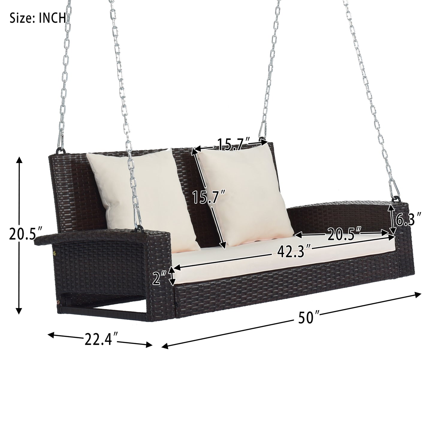 2-Person Wicker Outdoor Porch Swing, Hanging Patio Bench Loveseat Sofa with Weather Resistant Chains, Cushion, Pillow, Rattan Swing Bench for Garden, Backyard, Pond, Brown