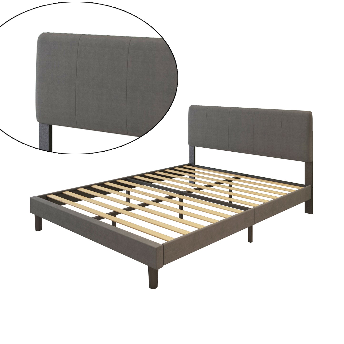 SYNGAR Queen Size Fabric Vertical Stripe Upholstered Platform Bed Frame with Headboard for Bedroom, No Box Spring Needed, Easy Assembly, Dark Gray