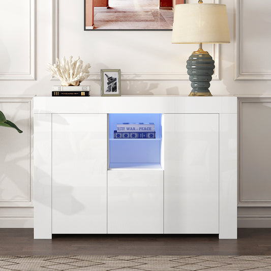 White Buffet Table, Modern Storage Cabinet, High Gloss Console Table with 16 Colors LED Lights/Drawer, Credenzas & Sideboards for Living Room/Dining Room/Kitchen/Entryway, Console Table