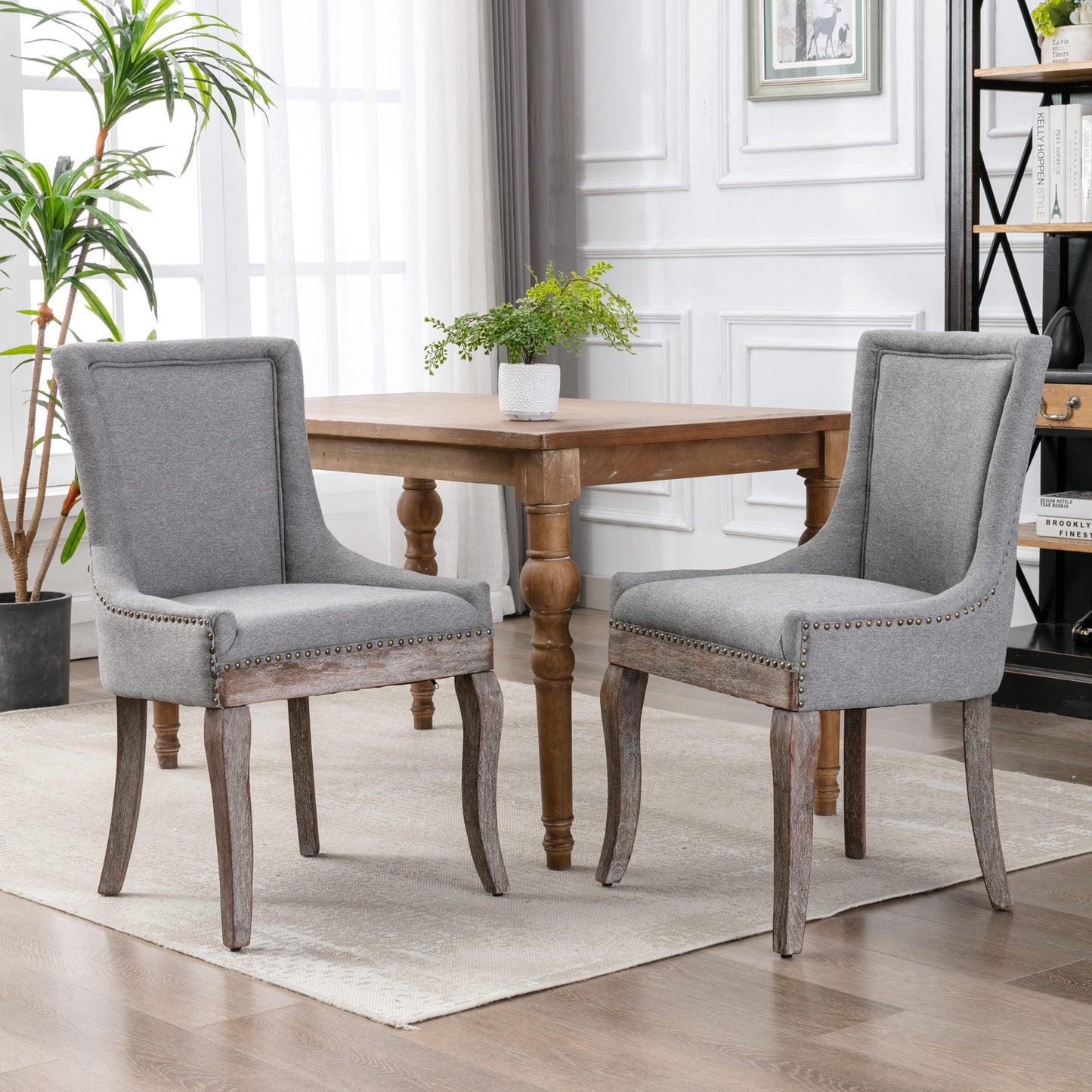 HSUNNS Upholstered Thickened Fabric Dining Chairs Set of 2, Solid Wood Contemporary Kitchen Chairs for Dining Room, Accent Chairs with Nail Head Decor, Beige