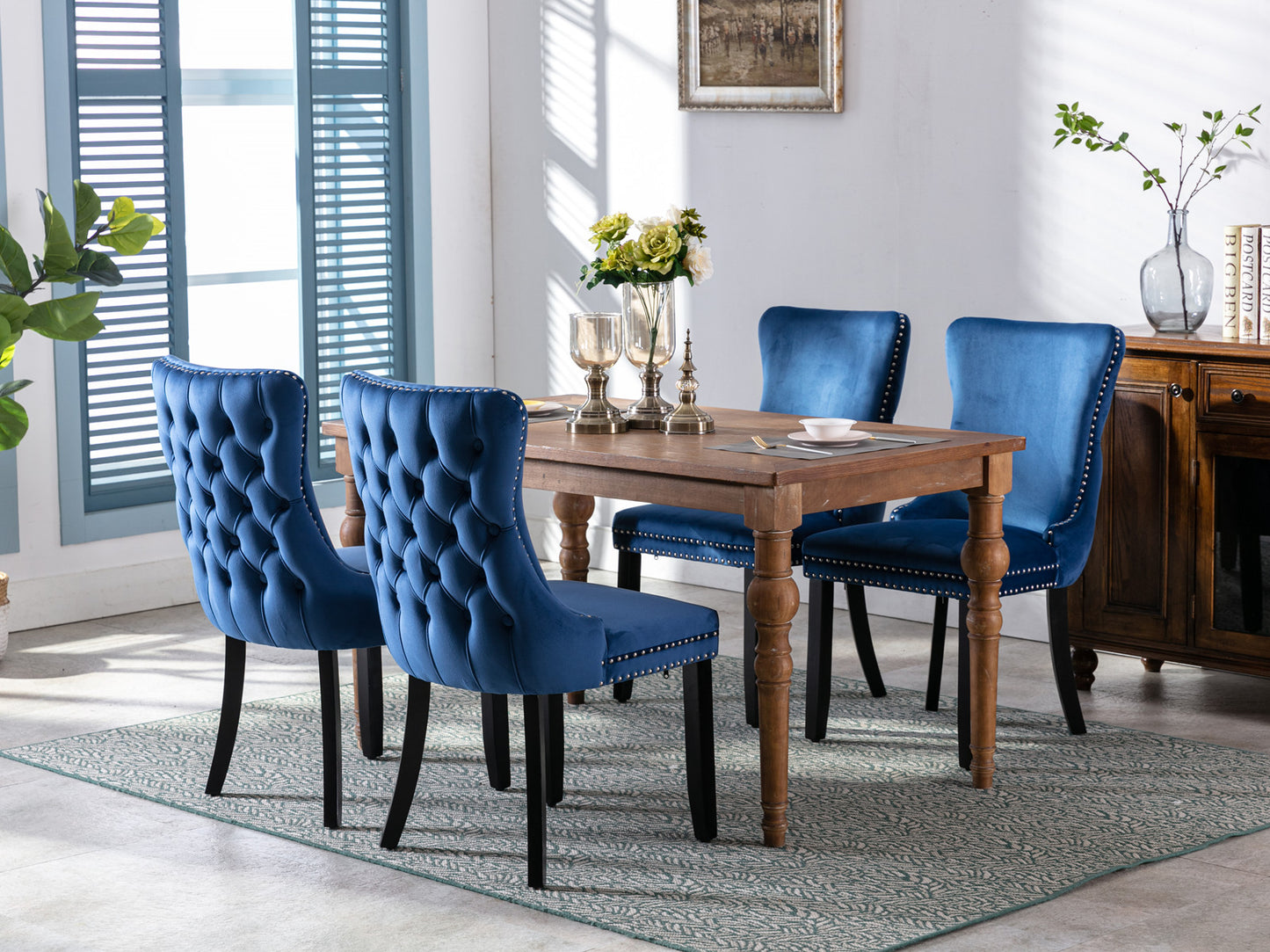 SYNGAR Velvet Dining Chairs Set of 2, Upholstered Wing Back Dining Chair with Handcrafted Button Tufted, Nailhead Trim, Accent Chairs for Dining Room Kitchen, Solid Wood Dining Set, 2 Piece, Blue