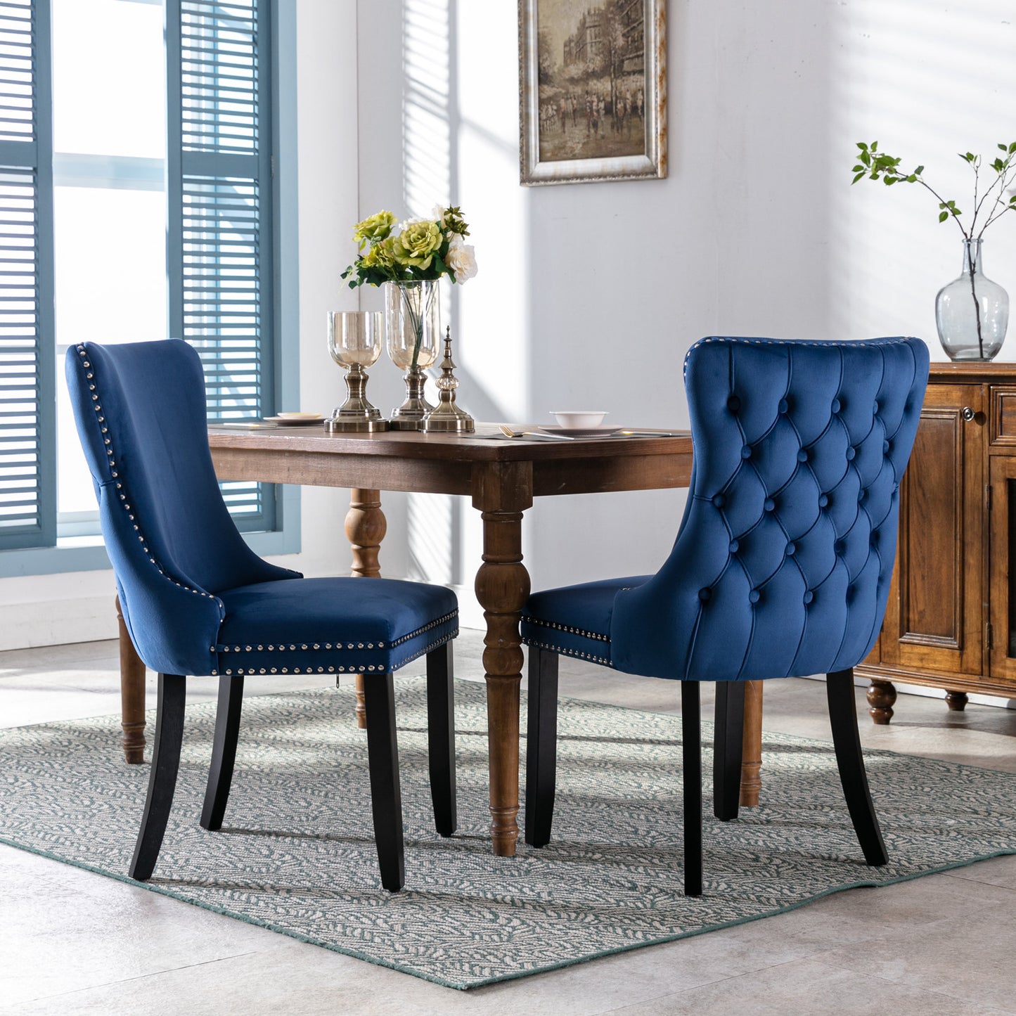 SYNGAR Velvet Dining Chairs Set of 2, Upholstered Wing Back Dining Chair with Handcrafted Button Tufted, Nailhead Trim, Accent Chairs for Dining Room Kitchen, Solid Wood Dining Set, 2 Piece, Blue