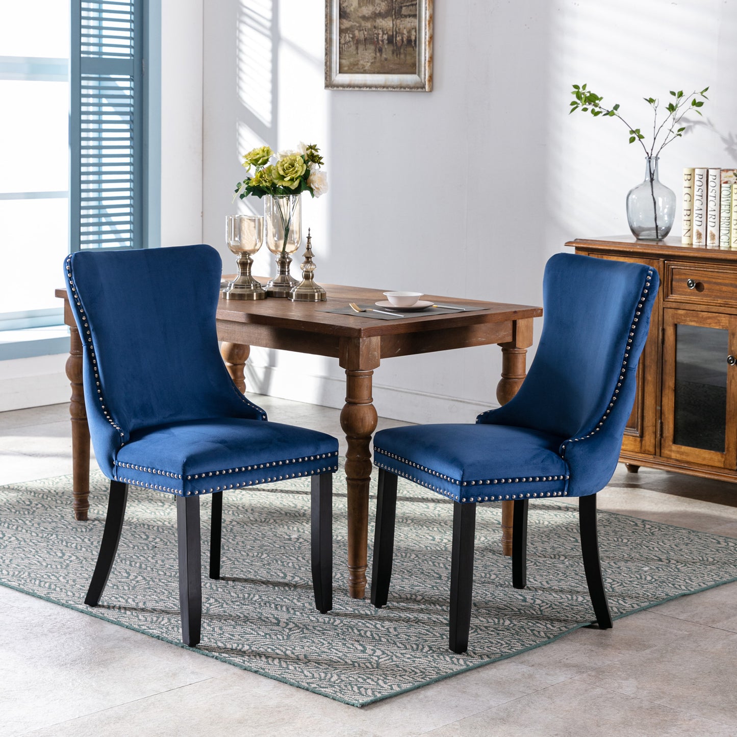 SYNGAR Velvet Dining Chairs Set of 2, Upholstered Wing Back Dining Chair with Handcrafted Button Tufted, Nailhead Trim, Accent Chairs for Dining Room Kitchen, Solid Wood Dining Set, 2 Piece, Blue