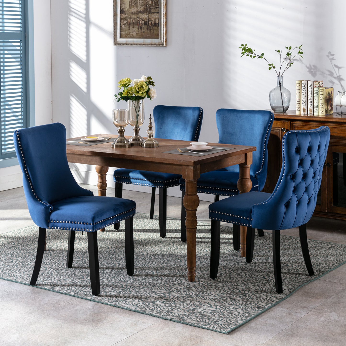 SYNGAR Velvet Dining Chairs Set of 2, Upholstered Wing Back Dining Chair with Handcrafted Button Tufted, Nailhead Trim, Accent Chairs for Dining Room Kitchen, Solid Wood Dining Set, 2 Piece, Blue