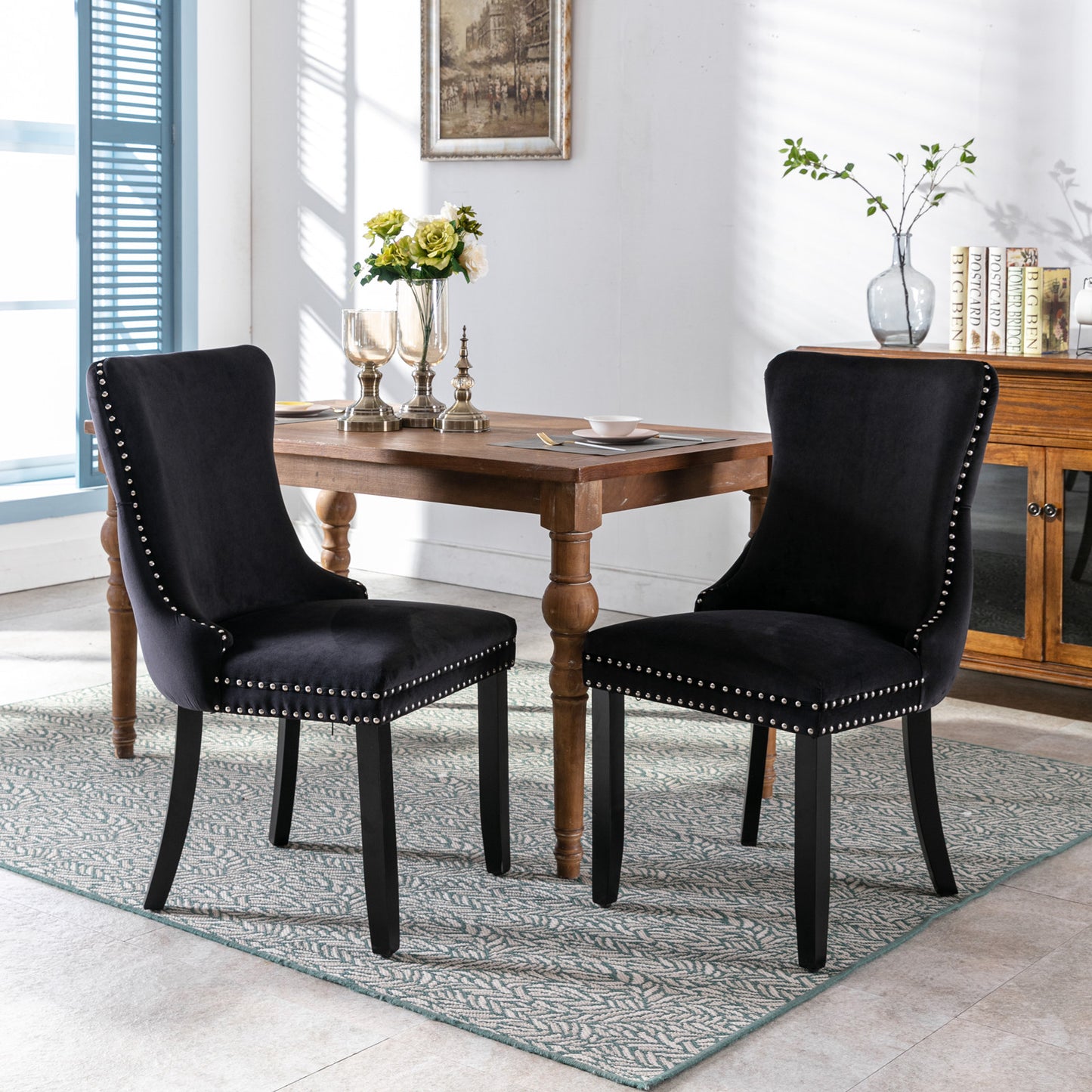 SYNGAR Velvet Dining Chairs Set of 2, Upholstered Wing Back Dining Chair with Handcrafted Button Tufted, Nailhead Trim, Accent Chairs for Dining Room Kitchen, Solid Wood Dining Set, 2 Piece, Blue