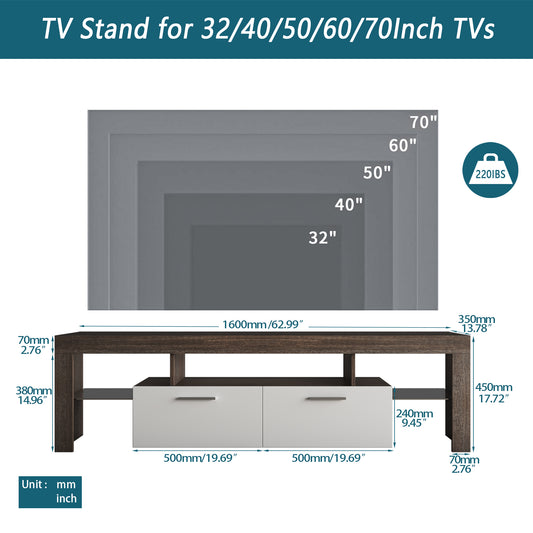 Farmhouse TV Stand for TV up to 70 inches, TV Table Stand with 16-Color LED Lights, TV Console Table with Storage, Brown+White, 63"L×14" W×18"H