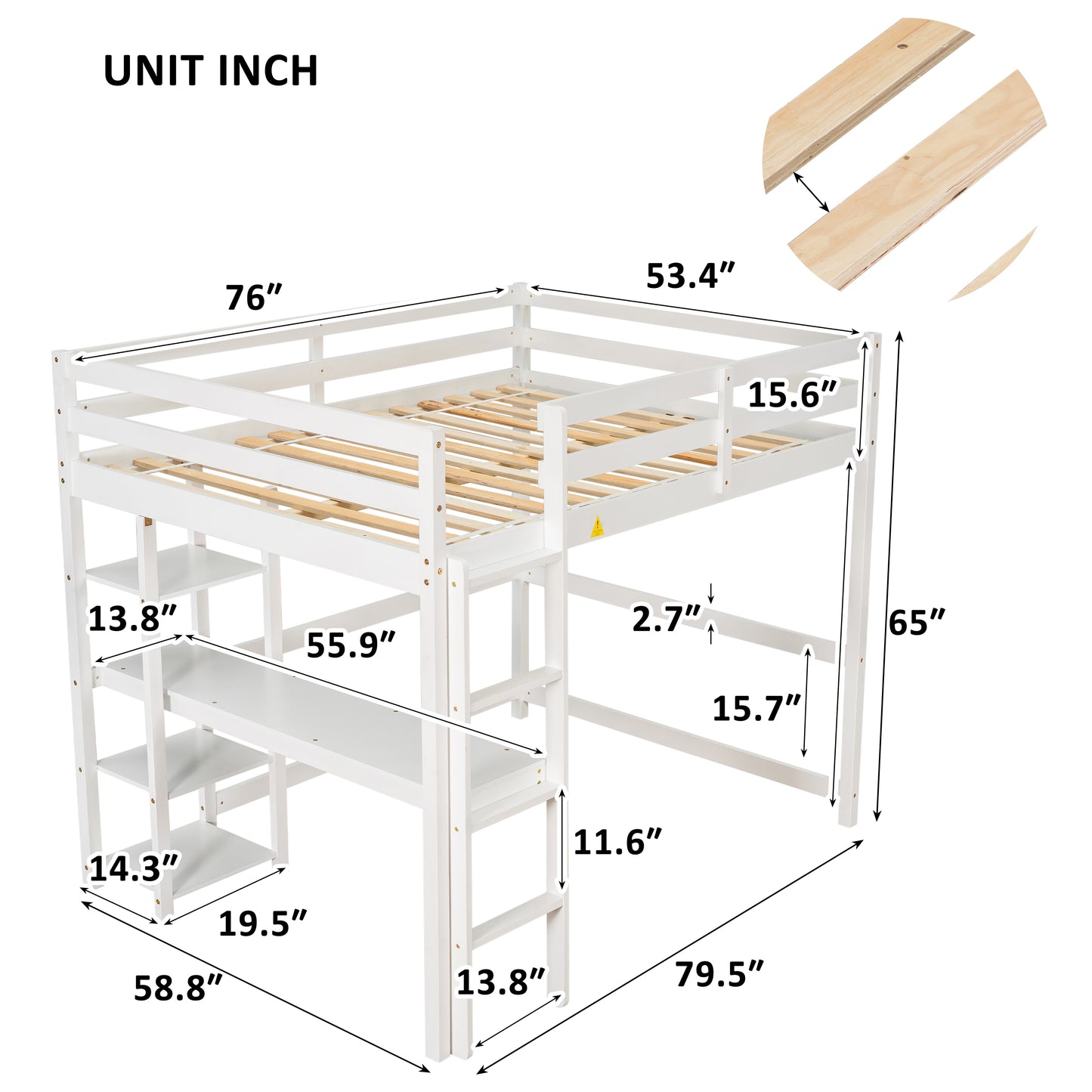 SYNGAR Loft Bed Frame with Desk, Full Size Wooden Bed Frame with Protective Guard Rails and Ladder for Kids Bedroom, Noise Free, No Spring Box needed, Space-Saving, White