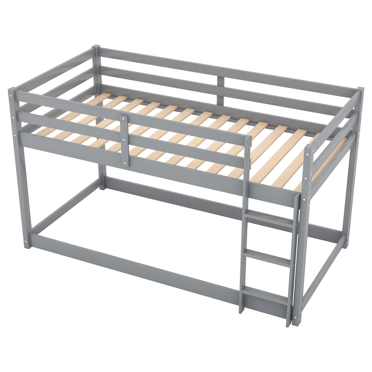 Twin over Twin Floor Bunk Bed with Ladder, SYNGAR Wood Bunk Bed With Full-Length Guardrails, No Box Spring Needed, White