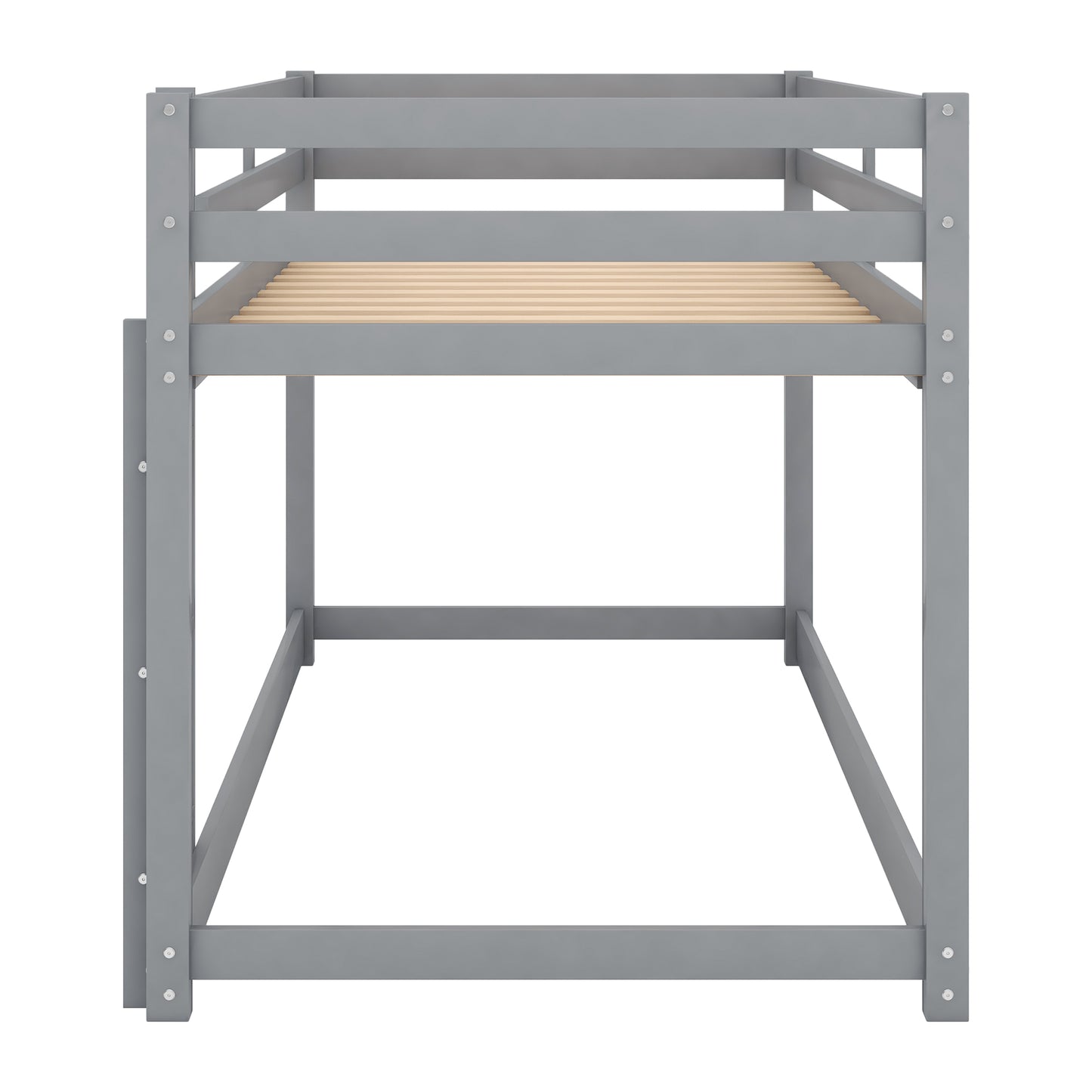 Twin over Twin Floor Bunk Bed with Ladder, SYNGAR Wood Bunk Bed With Full-Length Guardrails, No Box Spring Needed, White