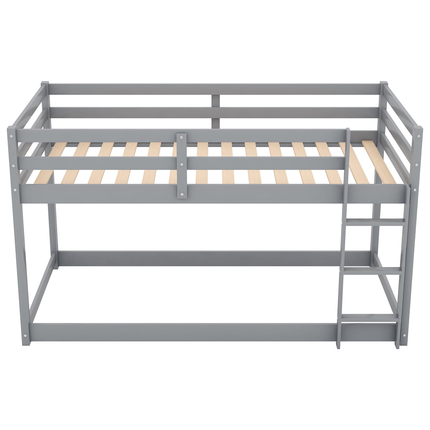 Twin over Twin Floor Bunk Bed with Ladder, SYNGAR Wood Bunk Bed With Full-Length Guardrails, No Box Spring Needed, White