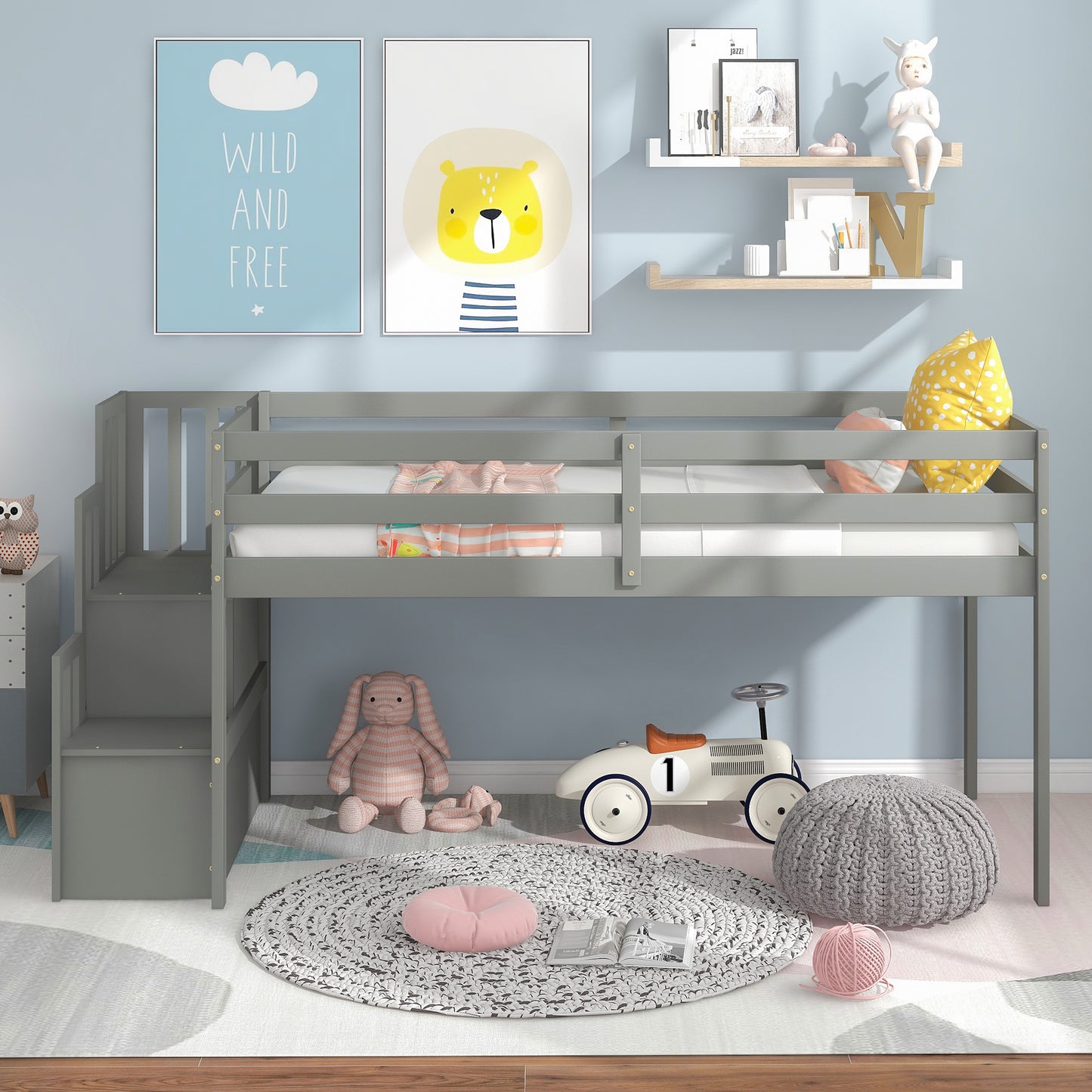 SYNGAR Twin Size Kids Loft Bed with Stairs, Wood Toddler Bunk Bed for Boys Girls Teens Adults, Twin Bed Frame with Storage, Low Profile Loft Bed for Kids Bedroom, Gray