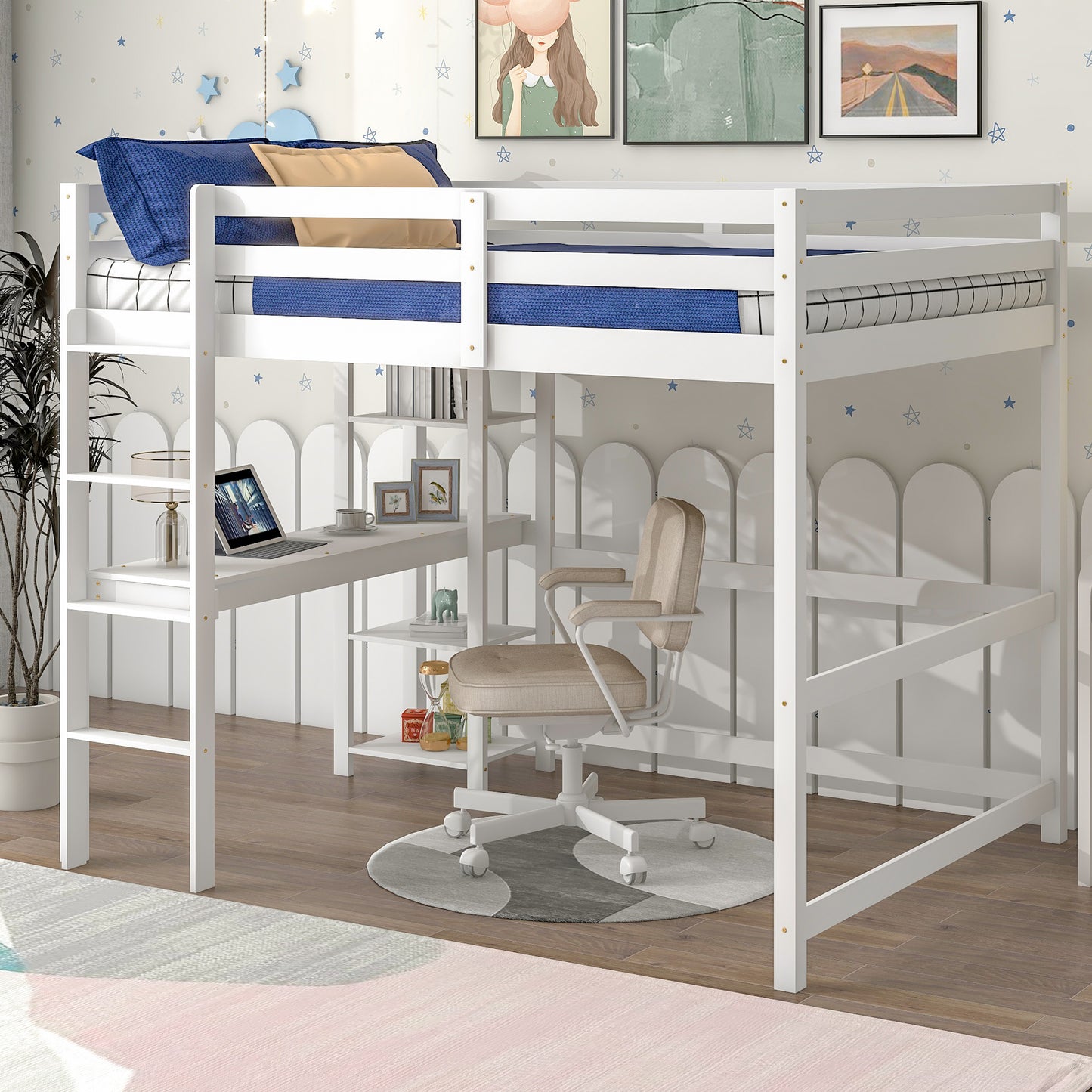 SYNGAR Loft Bed Frame with Desk, Full Size Wooden Bed Frame with Protective Guard Rails and Ladder for Kids Bedroom, Noise Free, No Spring Box needed, Space-Saving, White