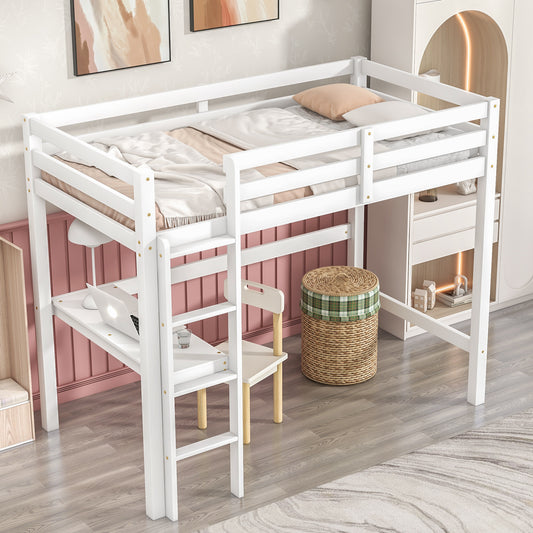 Wooden Twin Loft Bed with Desk, Twin Size Bunk Bed with Workstation Desk, Safety Rail, Wider Ladder for Kids Teens Adults, Space Saving Design, No Spring Box needed, White