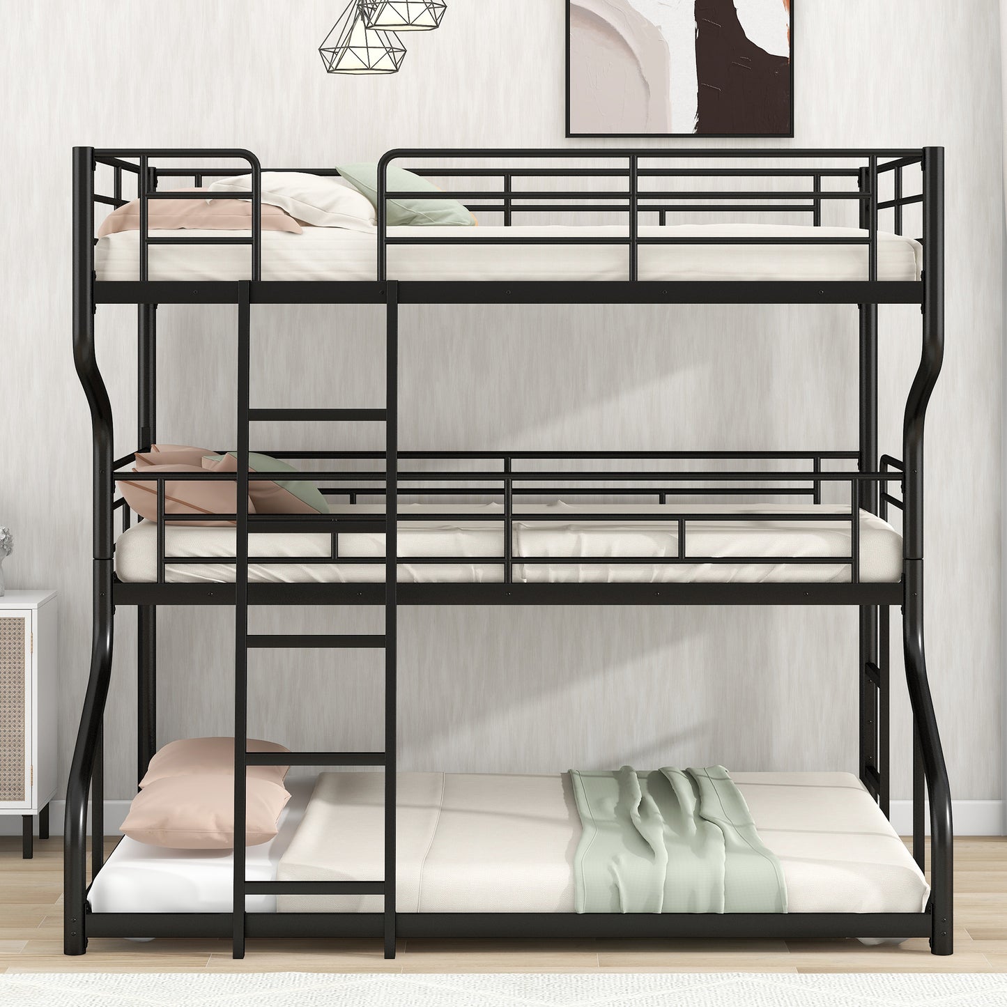 Syngar Triple Bunk Bed for Kids with 2 Ladders, Full XL over Twin XL over Queen Size for Kids Room, Modern Triple Bunk Metal Bed Frame,No Box Spring Needed, Black