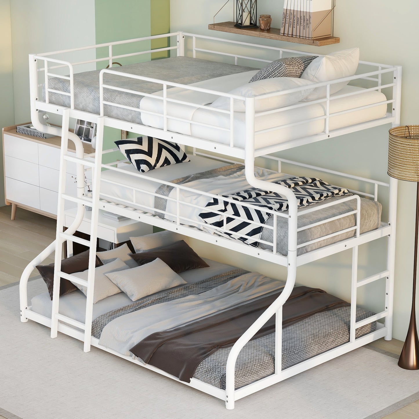 Syngar Triple Bunk Bed for Kids with 2 Ladders, Full XL over Twin XL over Queen Size for Kids Room, Modern Triple Bunk Metal Bed Frame,No Box Spring Needed, Black