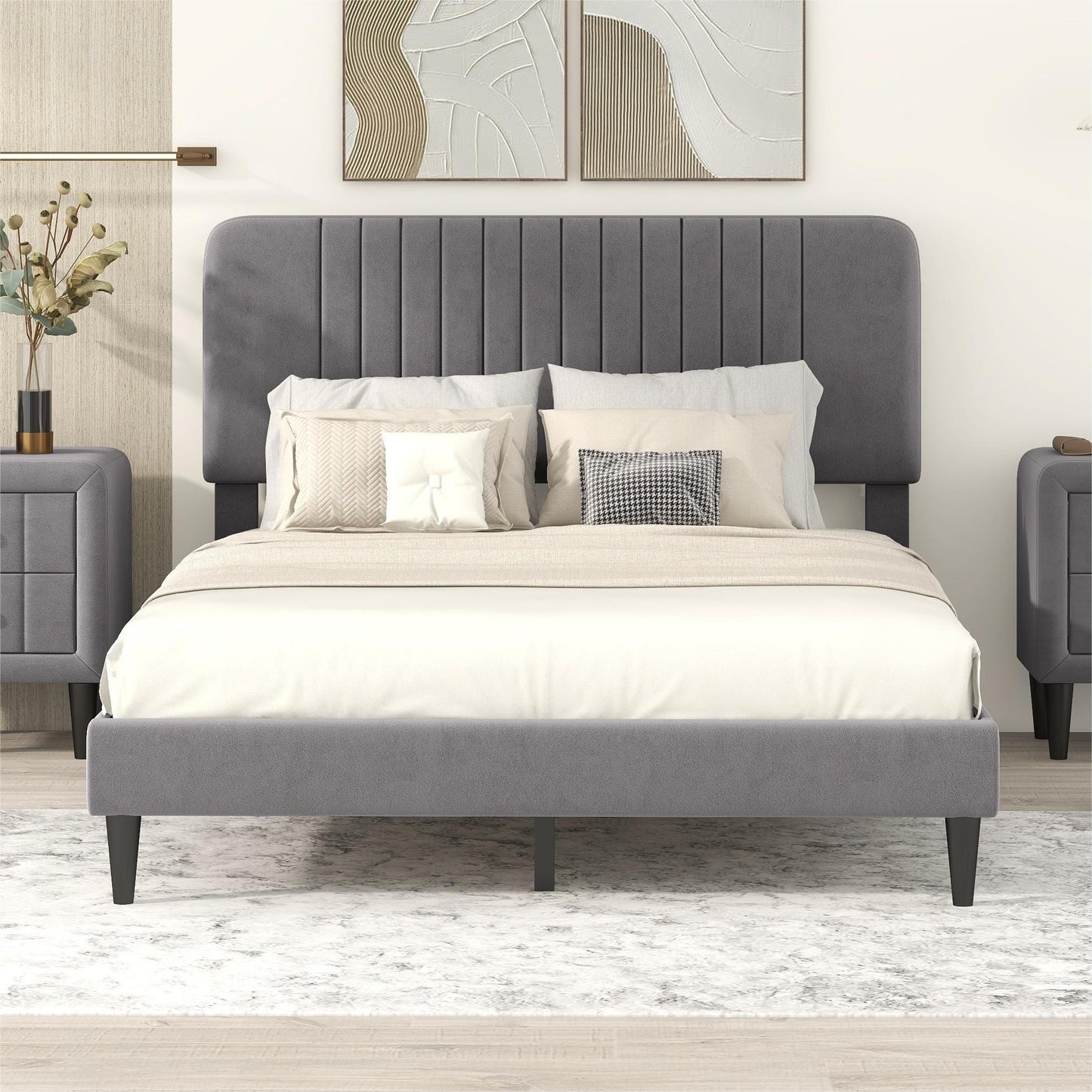 SYNGAR Queen Size Fabric Vertical Stripe Upholstered Platform Bed Frame with Headboard for Bedroom, No Box Spring Needed, Easy Assembly, Dark Gray