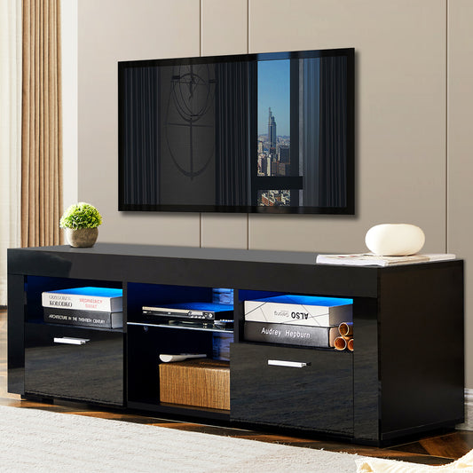 SYNGAR Black TV Stand for 55 inch TV, Modern High Glossy TV Console Table Stand with 16 Colors LED Lights, Living Room TV Table Stand Buffet Cabinet with Storage, 51"L×14" W×16"H