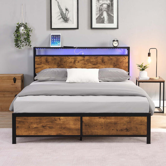 SYNGAR Platform Bed Frame Queen Size with Wooden Storage Headboard, LED Lights and USB Ports, Industrial Metal Queen Bed Frame with Slat Support, Noise Free, No Box Spring Needed, Rustic Brown