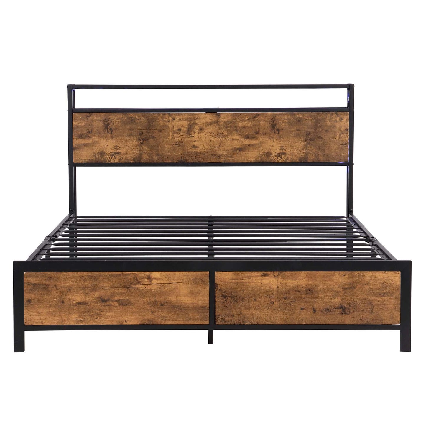 SYNGAR Platform Bed Frame Queen Size with Wooden Storage Headboard, LED Lights and USB Ports, Industrial Metal Queen Bed Frame with Slat Support, Noise Free, No Box Spring Needed, Rustic Brown