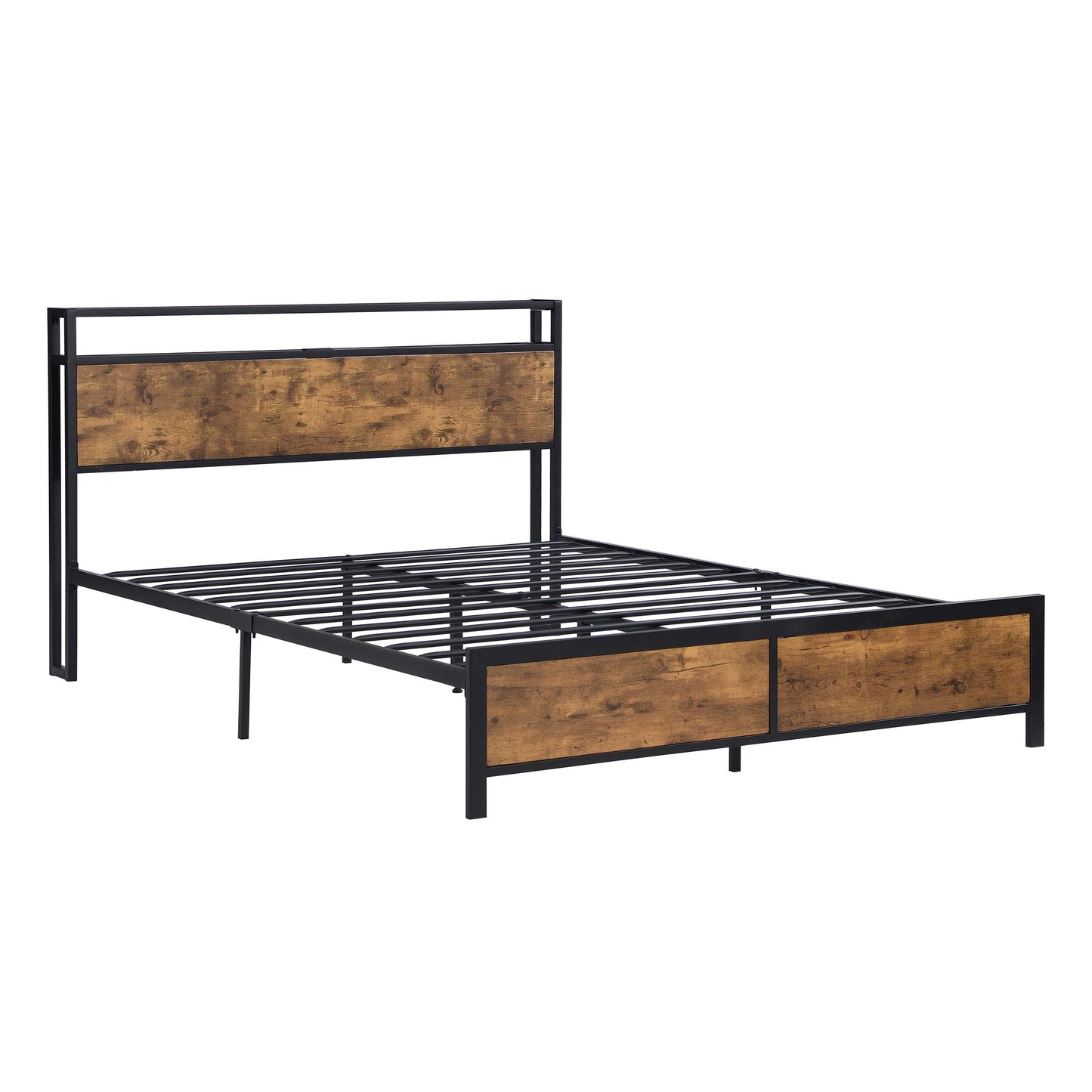 SYNGAR Platform Bed Frame Queen Size with Wooden Storage Headboard, LED Lights and USB Ports, Industrial Metal Queen Bed Frame with Slat Support, Noise Free, No Box Spring Needed, Rustic Brown