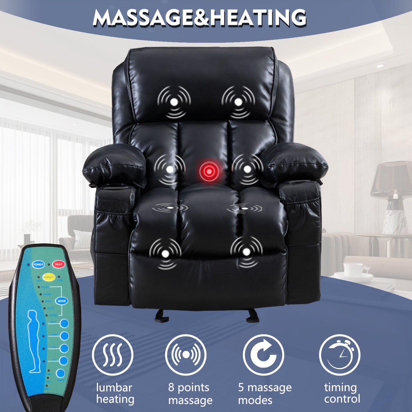 SYNGAR Manual Recliner Chair with Heat and Vibration Massage, Faux Leather Elderly Single Reclining Rocker Sofa with USB Charge Port, Cup Holders and Side Pocket for Bedroom Home Theater, Black