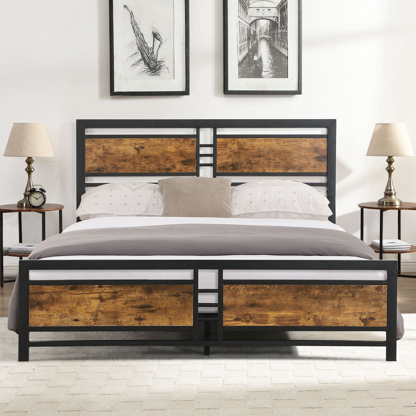 SYNGAR Black Full Size Bed Frame with Wooden Industrial Headboard and Footboard, Iron Platform Bed Frame Full Metal Bed Bedroom Furniture with 1100LBS Capacity, No Box Spring Needed, Noise Free