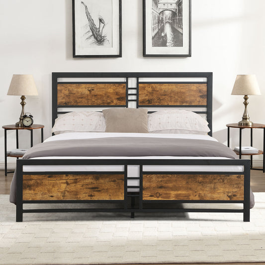 SYNGAR Rustic Brown Iron Platform Bed Frame Queen Size with Vintage Headboard and Footboard, Industrial Metal Queen Bed Frame with Strong Slat Support
