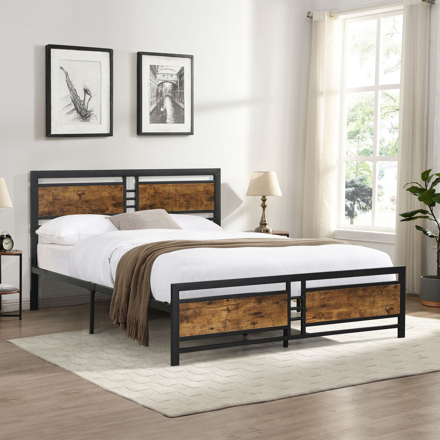 SYNGAR Rustic Brown Iron Platform Bed Frame Queen Size with Vintage Headboard and Footboard, Industrial Metal Queen Bed Frame with Strong Slat Support