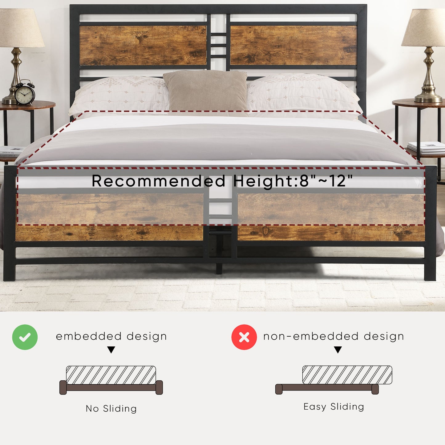 SYNGAR Rustic Brown Iron Platform Bed Frame Queen Size with Vintage Headboard and Footboard, Industrial Metal Queen Bed Frame with Strong Slat Support
