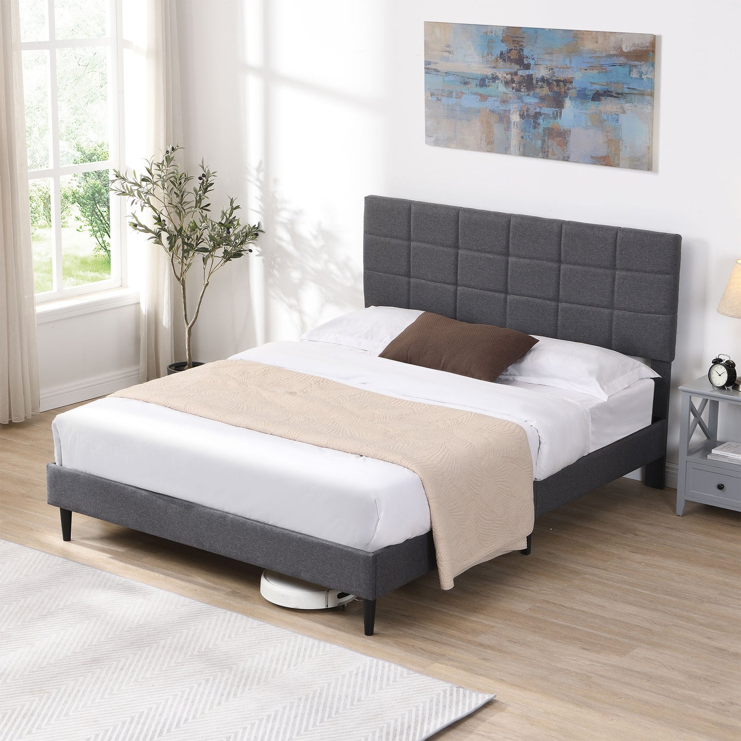 SYNGAR Full Size Bed Frame, Modern Upholstered Tufted Platform Bed Frame with Headboard and Strong Support Legs for Bedroom, No Box Spring Needed, Easy Assembly, Dark Gray