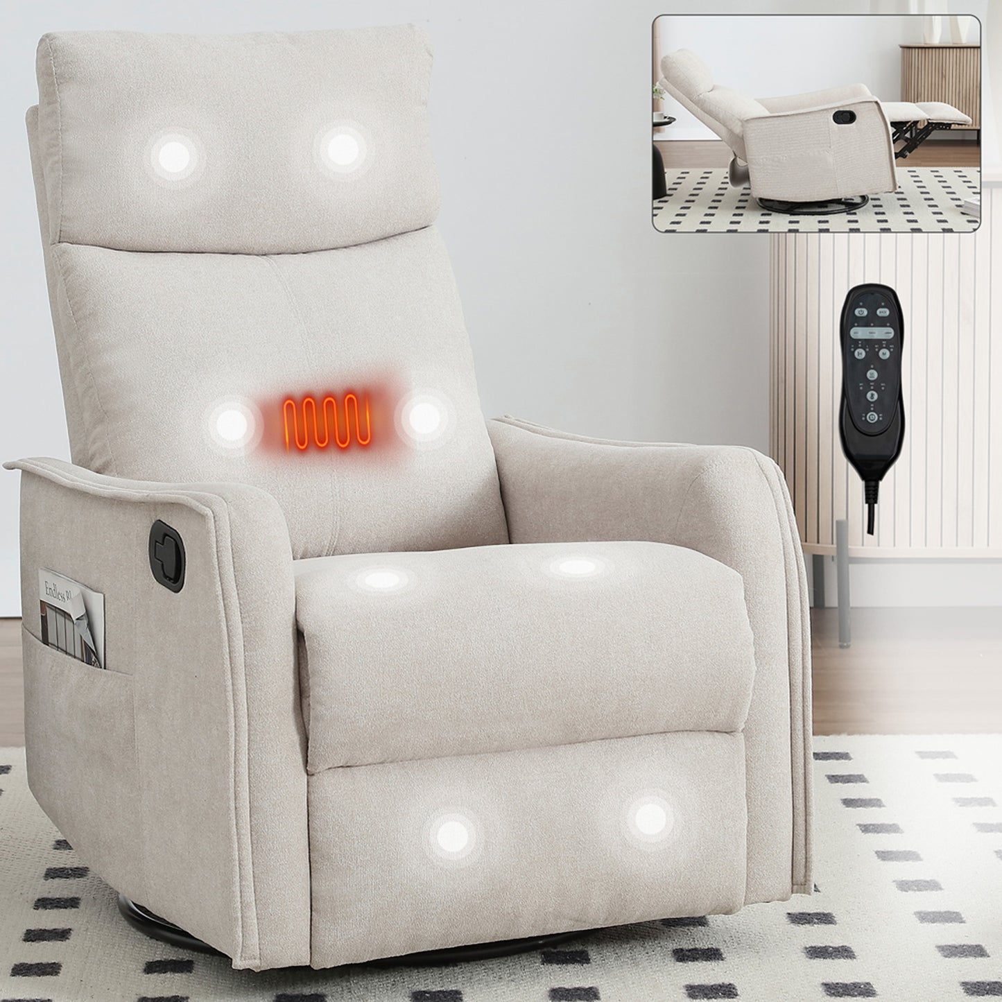 SYNGAR Swivel Rocker Recliner Chair for Living Room, Manual Reclining Chair with Heat and Massage Function, Fabric Single Rocking Sofa with Side Pocket for Home Theater, Gray