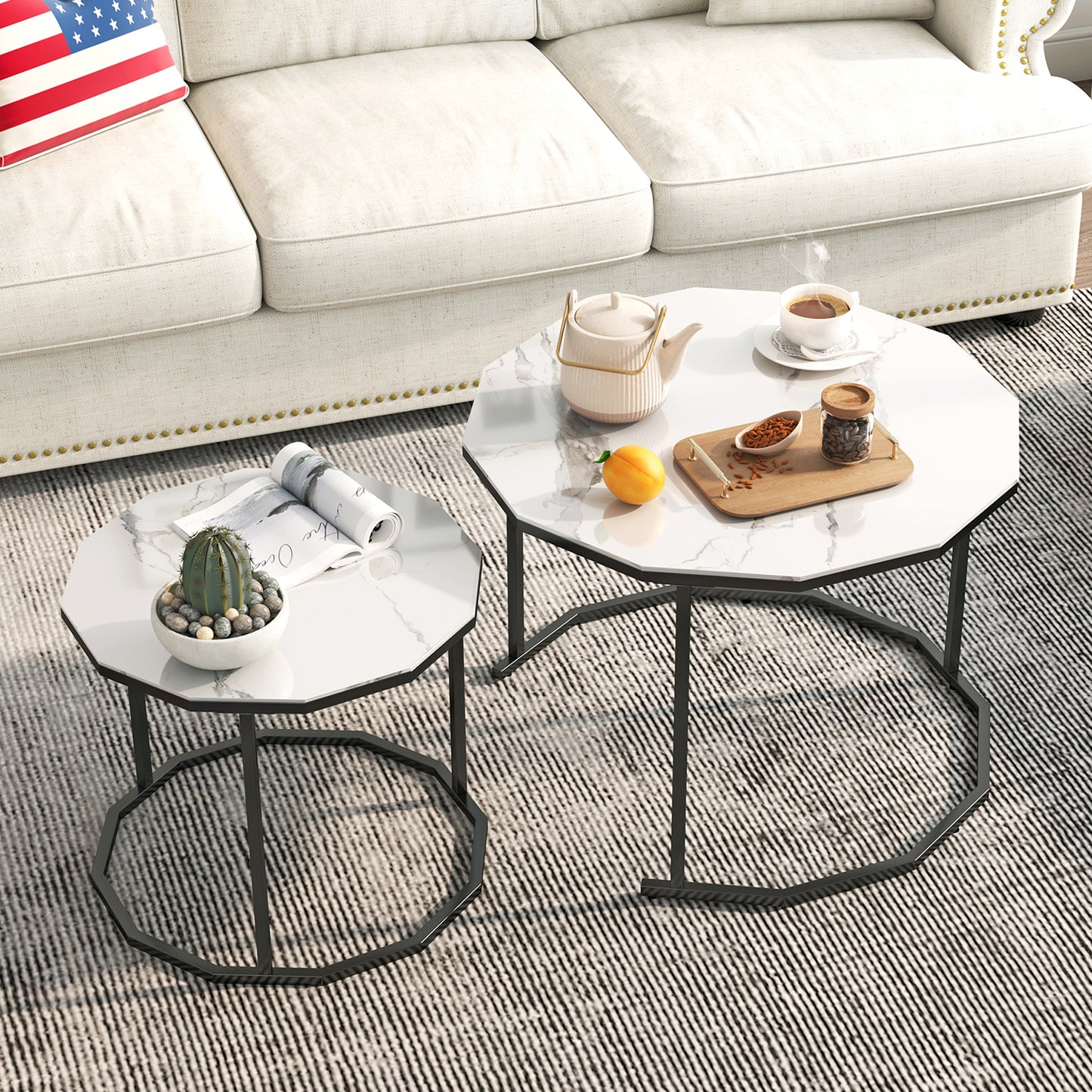 SYNGAR Modern Nesting Coffee Table Set of 2, 12-Gon Shape End Tables Stacking Living Room Accent Tables with Marble Top and Black Metal Frame, Golden Black