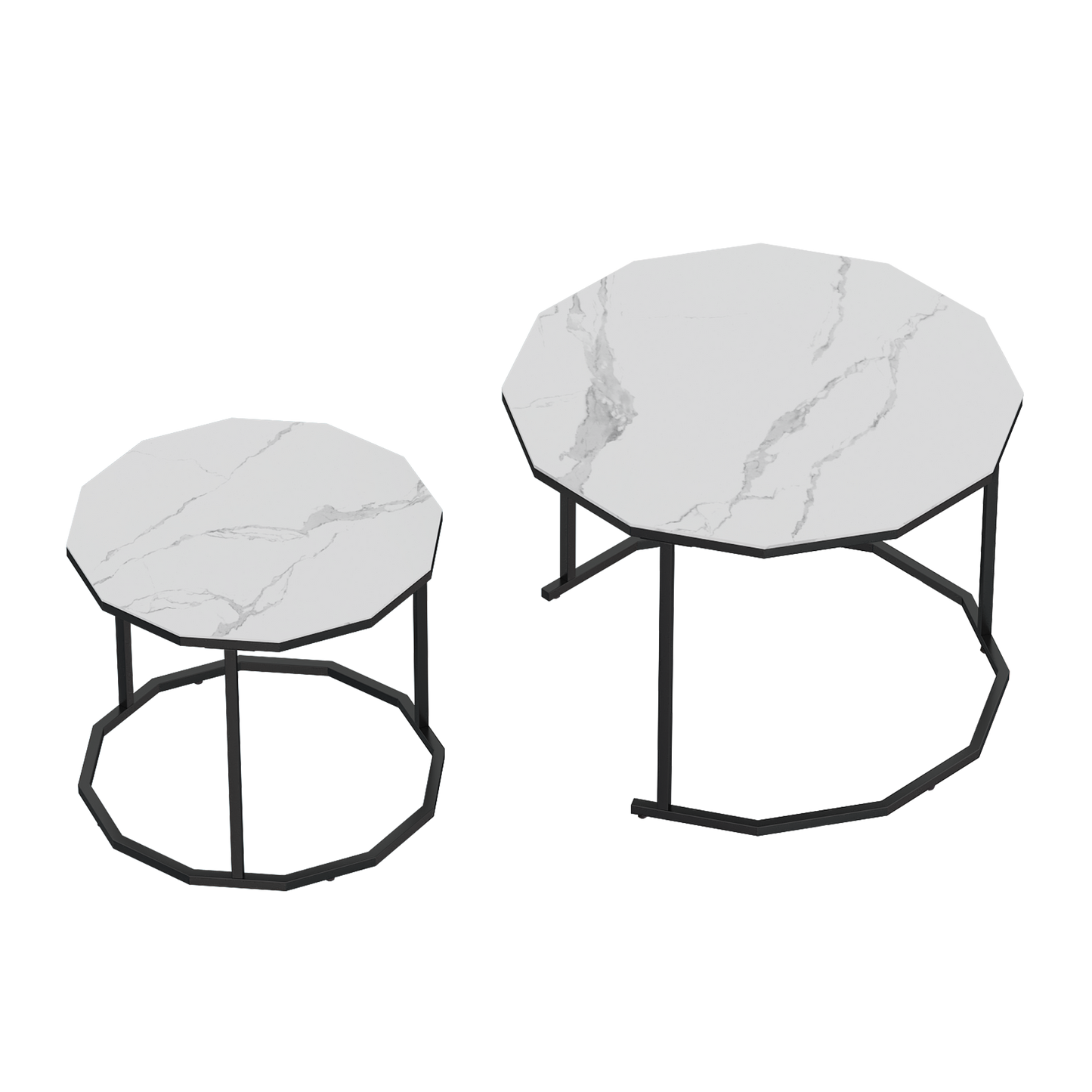 SYNGAR Modern Nesting Coffee Table Set of 2, 12-Gon Shape End Tables Stacking Living Room Accent Tables with Marble Top and Black Metal Frame, Golden Black