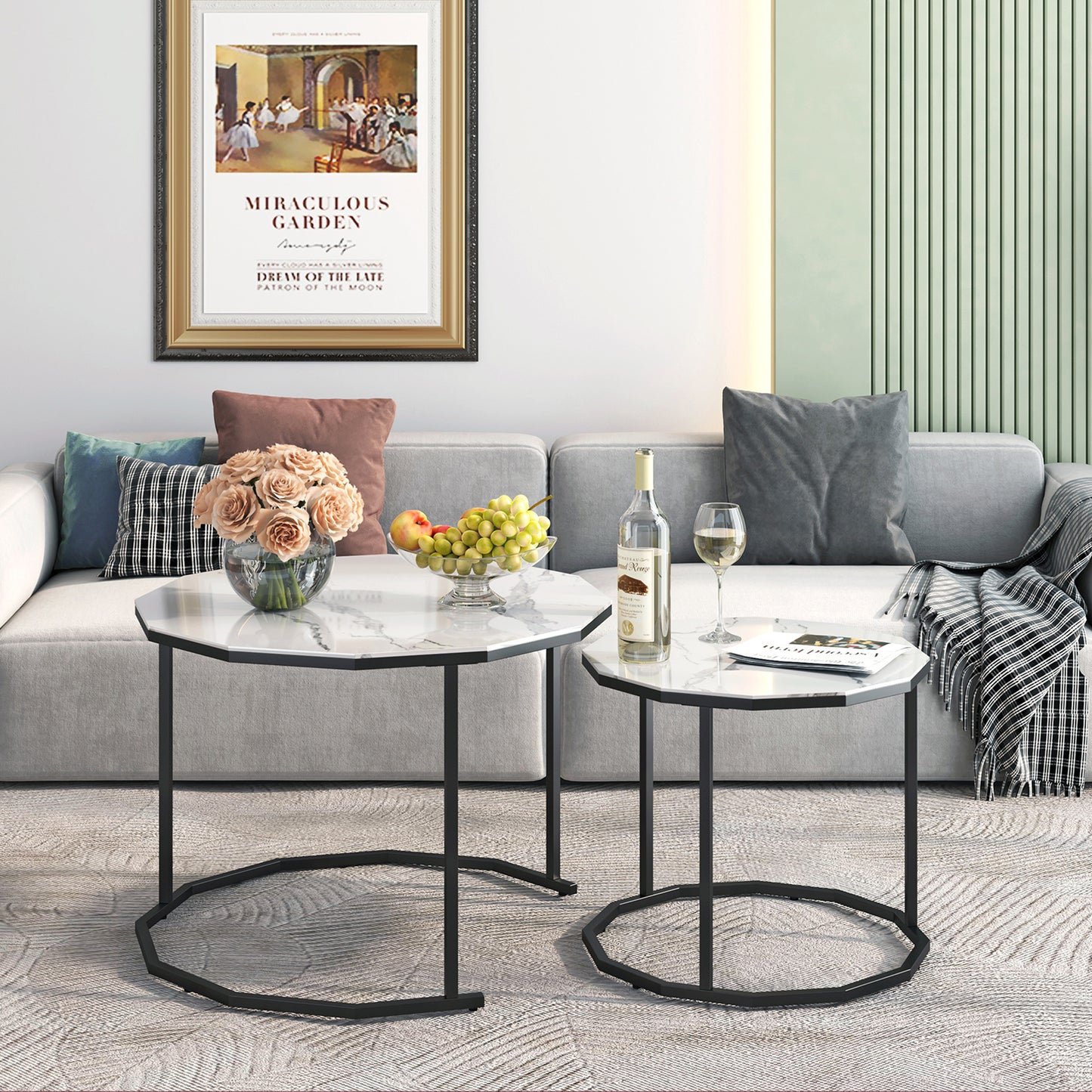 SYNGAR Modern Nesting Coffee Table Set of 2, 12-Gon Shape End Tables Stacking Living Room Accent Tables with Marble Top and Black Metal Frame, Golden Black