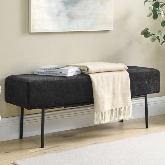 SYNGAR Entryway Bench, Fabric Upholstered Seat Footstool, Rectangular End of Bed Bench with Metal Legs, Ottoman Bench Seat for Bedroom Living Room Hallway, Modern Home Furniture Bed Bench, Black