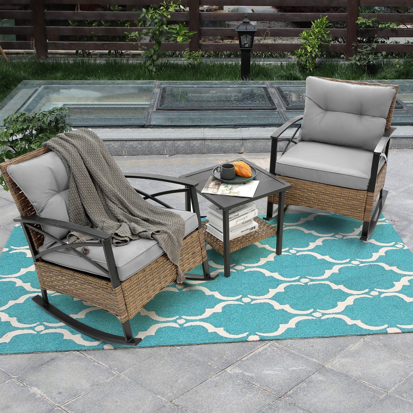 3 Piece Outdoor Rocking Bistro Set, PE Rattan Glass Top Table and Rocking Chairs Set, Outdoor Conversation Set with Cushions for 2 Persons, All-weather Bistro Set for Patio, Pool, Balcony, Pub, Cafe