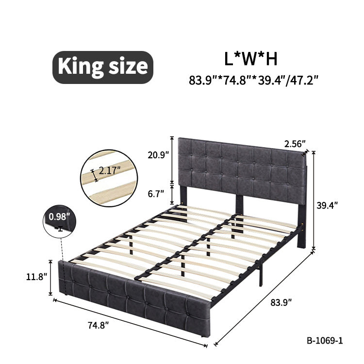 SYNGAR Upholstered King Size Fabric Platform Bed Frame with Button Tufted Headboard, Load-Bearing 650LBS, Gray