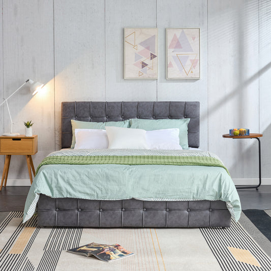 SYNGAR Upholstered King Size Fabric Platform Bed Frame with Button Tufted Headboard, Load-Bearing 650LBS, Gray