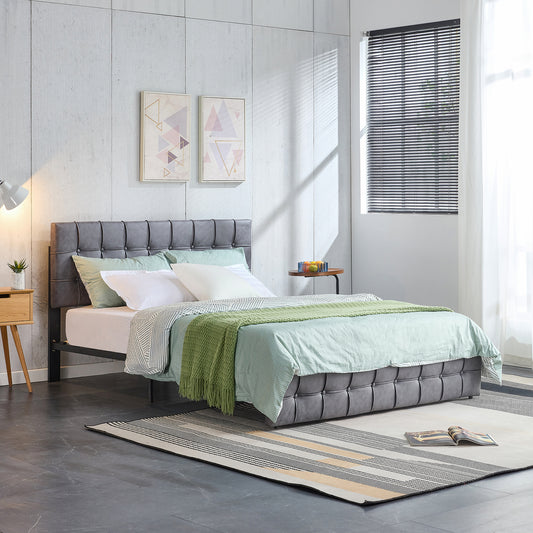 SYNGAR Upholstered Platform Bed Frame King Size with Button Tufted Headboard, Load-Bearing 650LBS, Heavy Duty Wood Mattress Foundation with Strong Slat Support for Kids Teens Adults, Gray