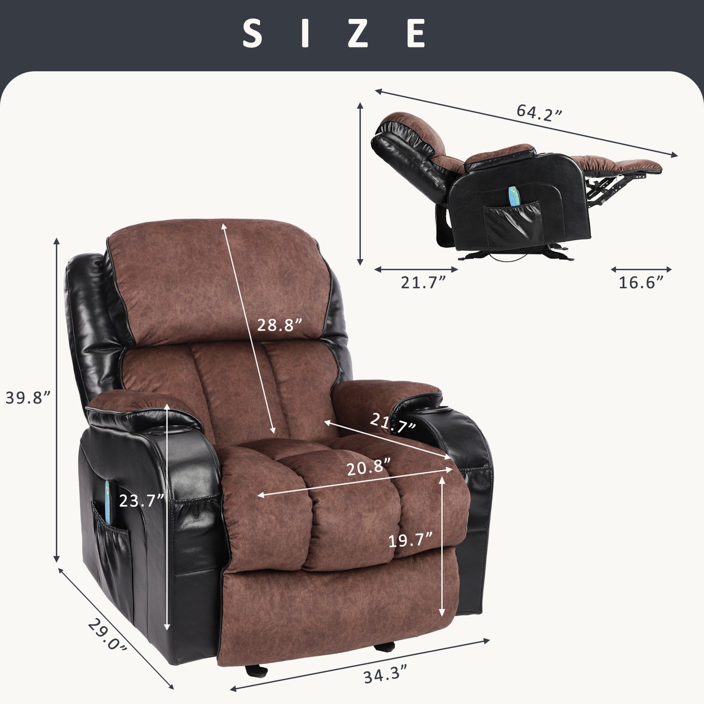 Recliner Chair for Living Room, Ergonomic Recliner Manual Recliner Chair with Cup Holders, USB, Heavy Duty Reclining Mechanism Elderly Single Recliner Rocker Sofa for Bedroom Home Theater, Brown