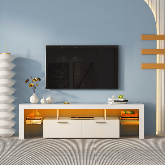 White TV Stand for 80 inch TV, Modern High Glossy Television Stands TV Cabinet Console Table with 16 Colors LED Lights, Living Room TV Table Stand Buffet Cabinet with Storage, 71"L×16" W×20"H
