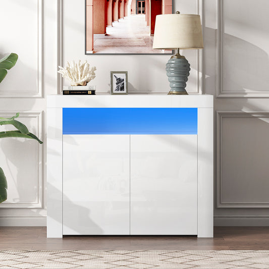 Entryway Table, Modern High Gloss Rectangular Buffet Sideboard Desk with LED Light, Console Table Storage Cabinet with 2 Doors and Interior Shelves, Living Room TV Stand, Kitchen Sideboard, White