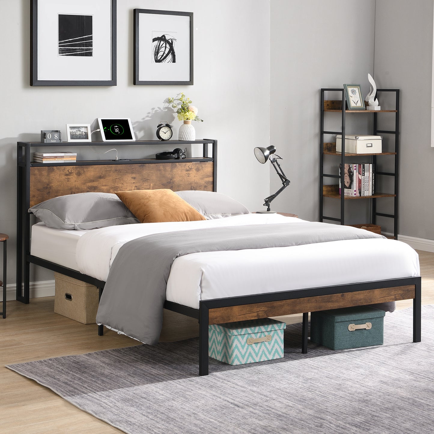SYNGAR Platform Bed Frame Full Size with Wooden Storage Headboard and USB Ports, Industrial Metal Full Bed Frame with Slat Support, Noise Free, No Box Spring Needed, Rustic Brown