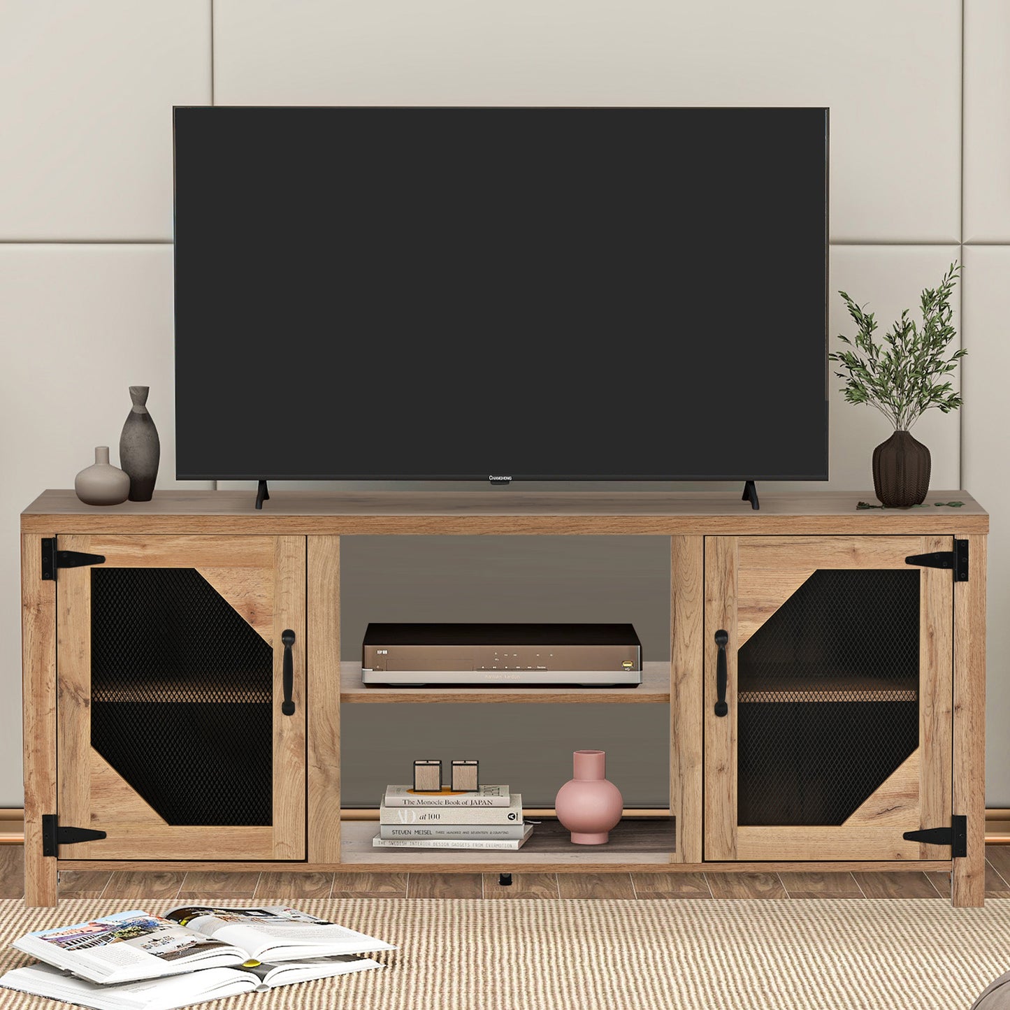 SYNGAR TV Stand for 65 inch TV, Modern TV Console Table Stand with 2 Door Cabinet, Living Room TV Table Stand Buffet Cabinet with Adjustable Storage Shelves, 60"L×16" W×24" H, Natural Wood