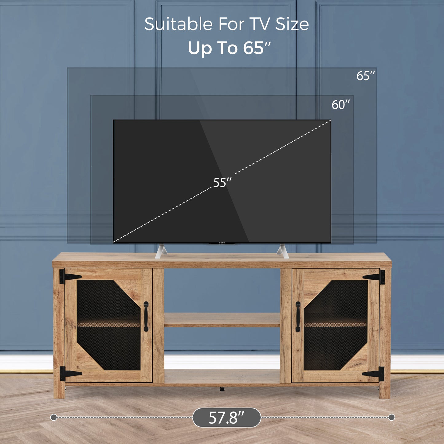 SYNGAR TV Stand for 65 inch TV, Modern TV Console Table Stand with 2 Door Cabinet, Living Room TV Table Stand Buffet Cabinet with Adjustable Storage Shelves, 60"L×16" W×24" H, Natural Wood