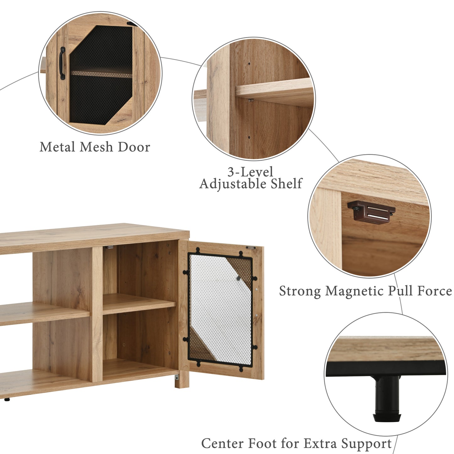 SYNGAR TV Stand for 65 inch TV, Modern TV Console Table Stand with 2 Door Cabinet, Living Room TV Table Stand Buffet Cabinet with Adjustable Storage Shelves, 60"L×16" W×24" H, Natural Wood