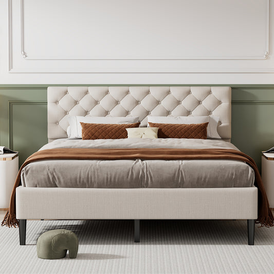 SYNGAR Beige Upholstered Fabric Platform Bed Frame Queen Size with Elegant Headboard, Metal Frame Bedroom Furniture with Strong Wooden Slat Support